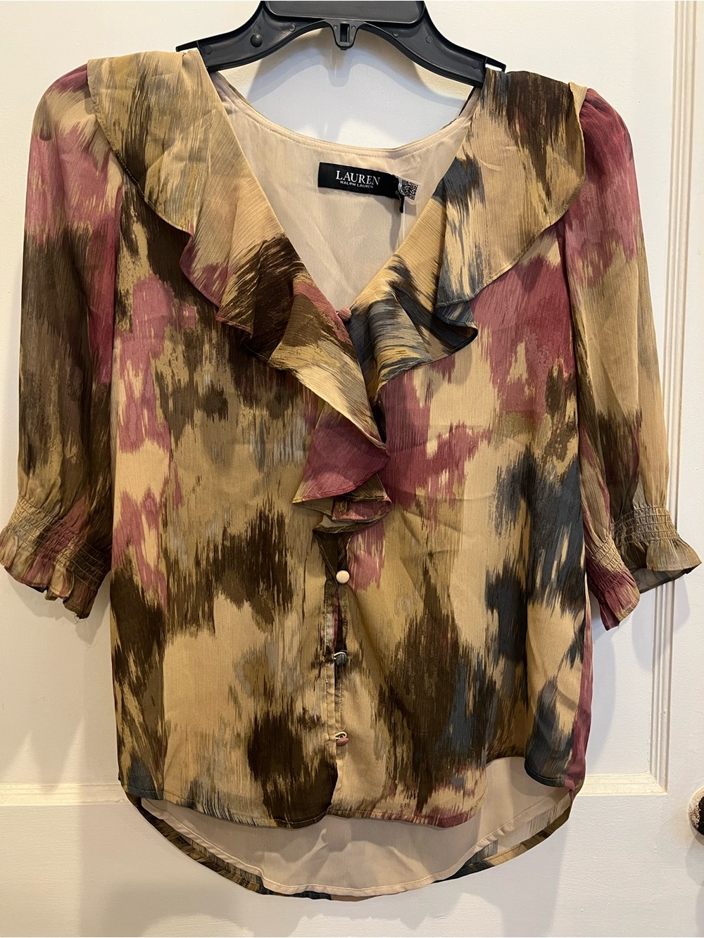 Lauren Ralph Lauren Mauve, Olive & Taupe Ruffle V-Neck Blouse